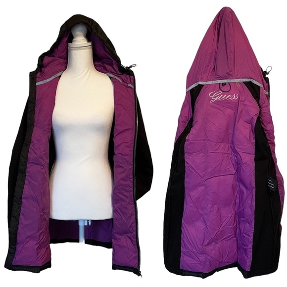 Guess Mid-Length Black Hooded Winter Zip-Up Jacket Women’s Medium - Picture 3 of 14